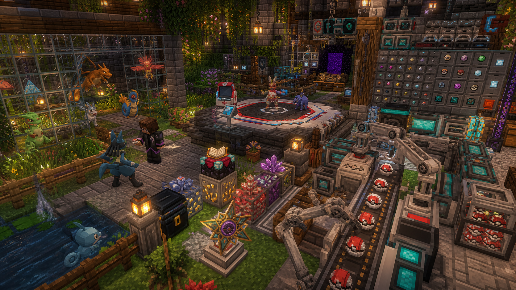 AllTheMons Cobblemon facility with creatures, trainers, automation, and capture-ball production